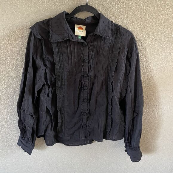 Farm Rio Blouse XS Black Romantic Swiss Dot Ruffle Button Up Victorian Boho - Picture 5 of 16